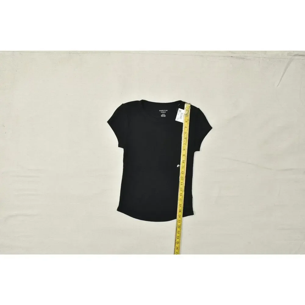 American Eagle Women's Medium Black Waffle Knit Short Sleeve T-Shirt NWT - Picture 3 of 8
